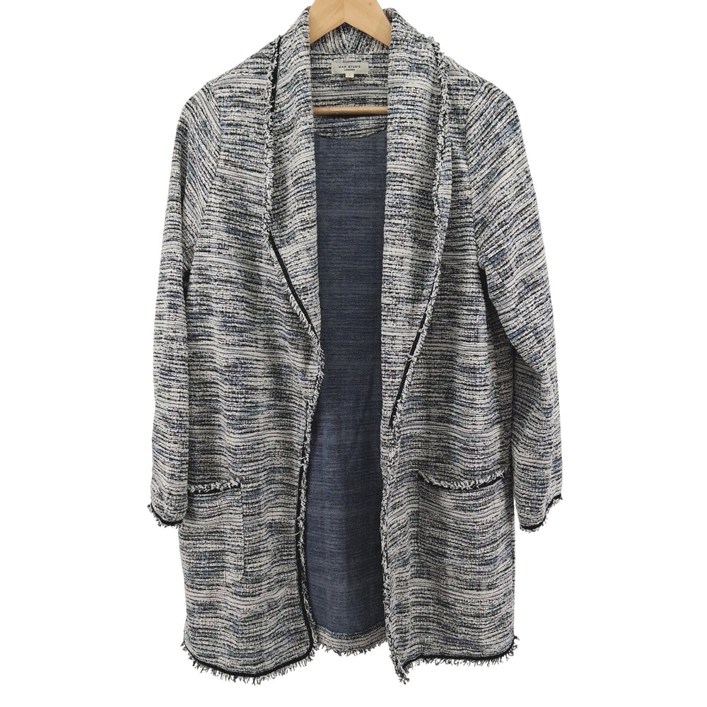 Max Studio London Blue White Textured Open Front Blazer Jacket Size Large Fringe